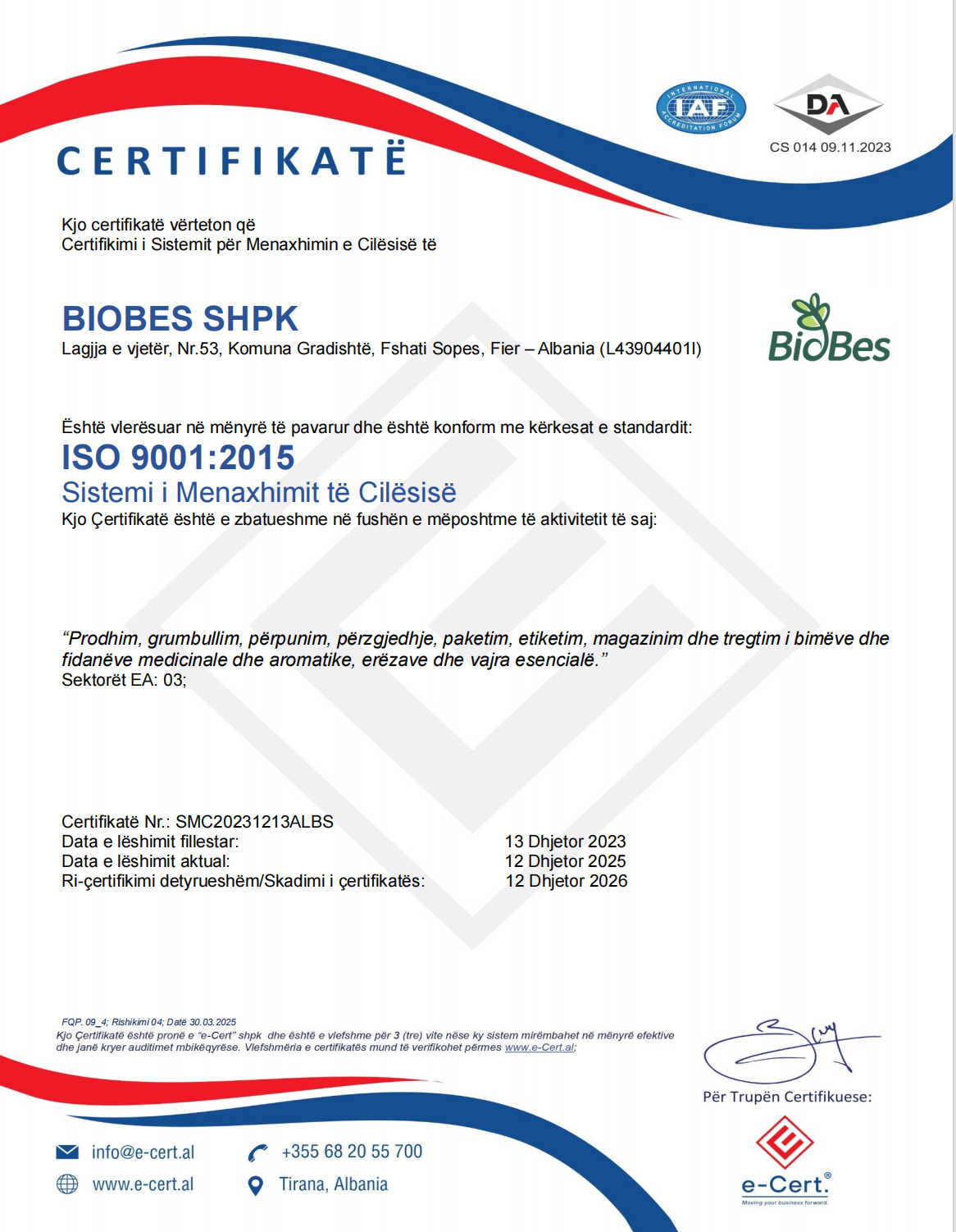 Quality Management Certificate
