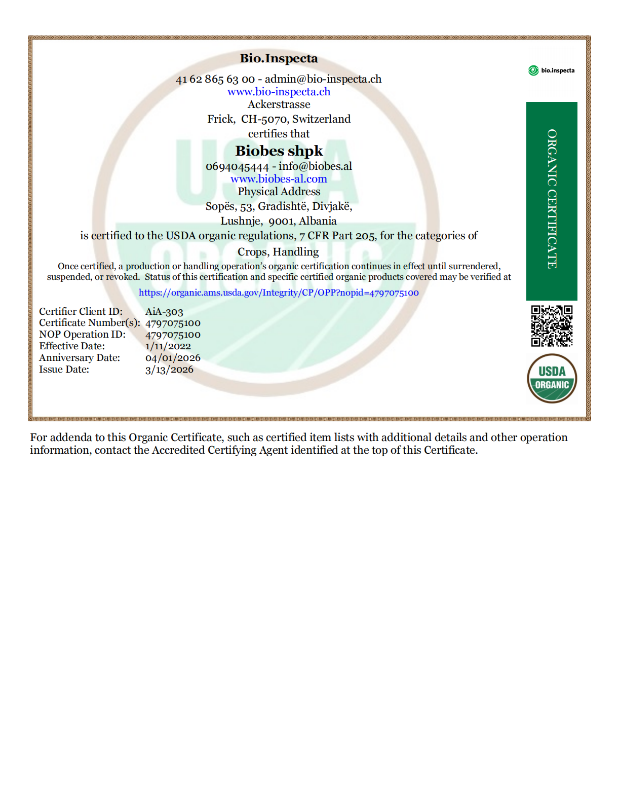 NOP BioInspecta Certificate